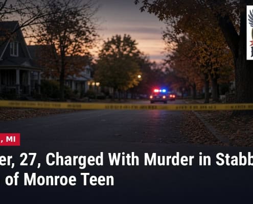 Fostoria News Police tape cordons off a neighborhood street at sunset in Monroe, Michigan.